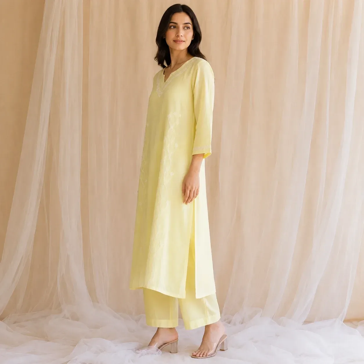 Butter Yellow Embroidered Kurta Pant Set — view 3