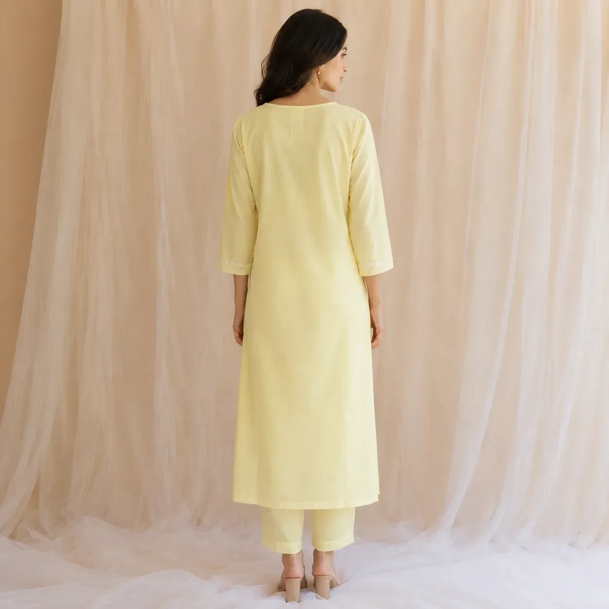 Butter Yellow Embroidered Kurta Pant Set — view 2