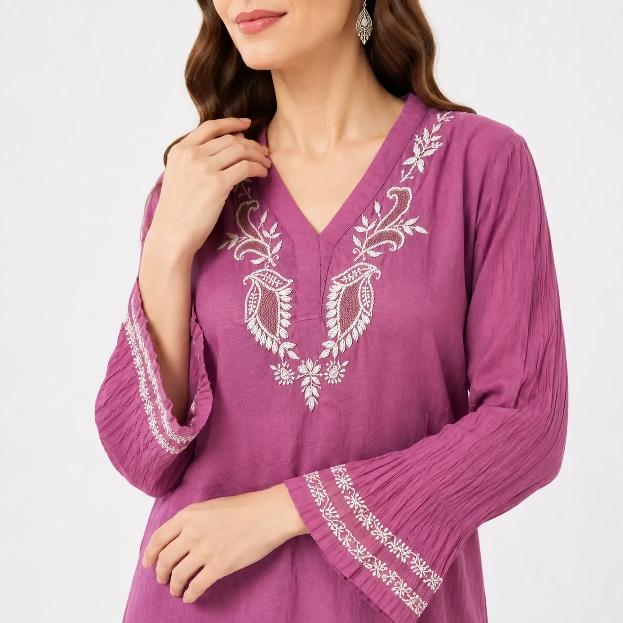 Malmal Lilac Kasab Chikankari Top with Inner — view 5