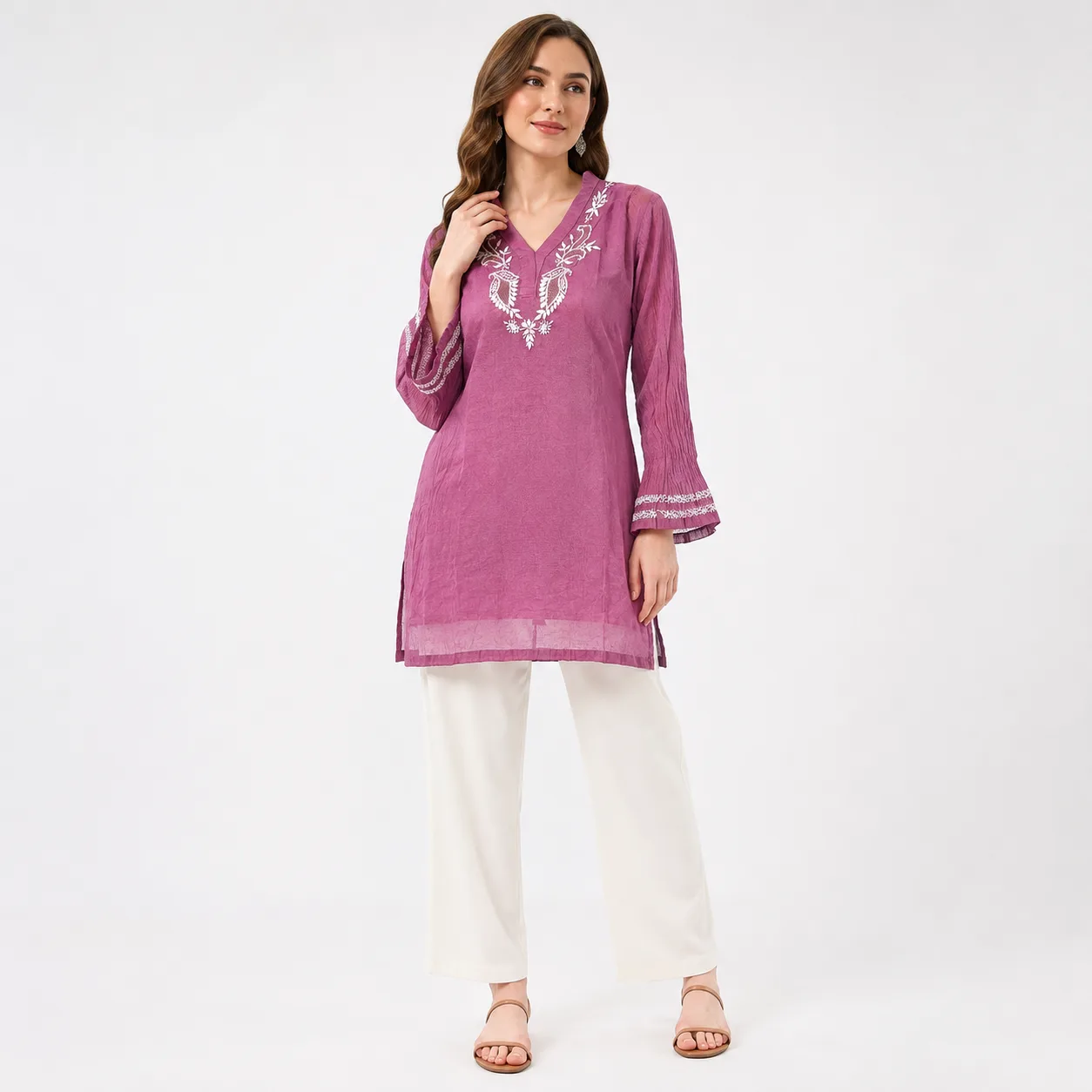 Malmal Lilac Kasab Chikankari Top with Inner — view 2