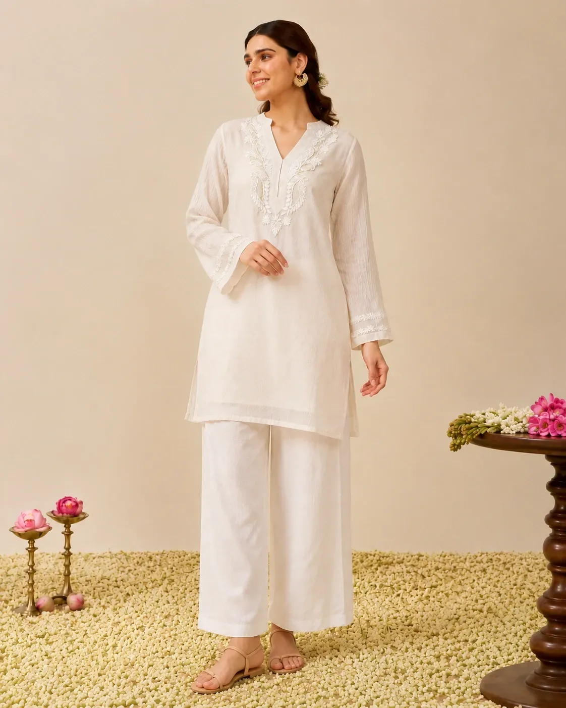 Malmal Ivory Kasab Chikankari Top with Inner