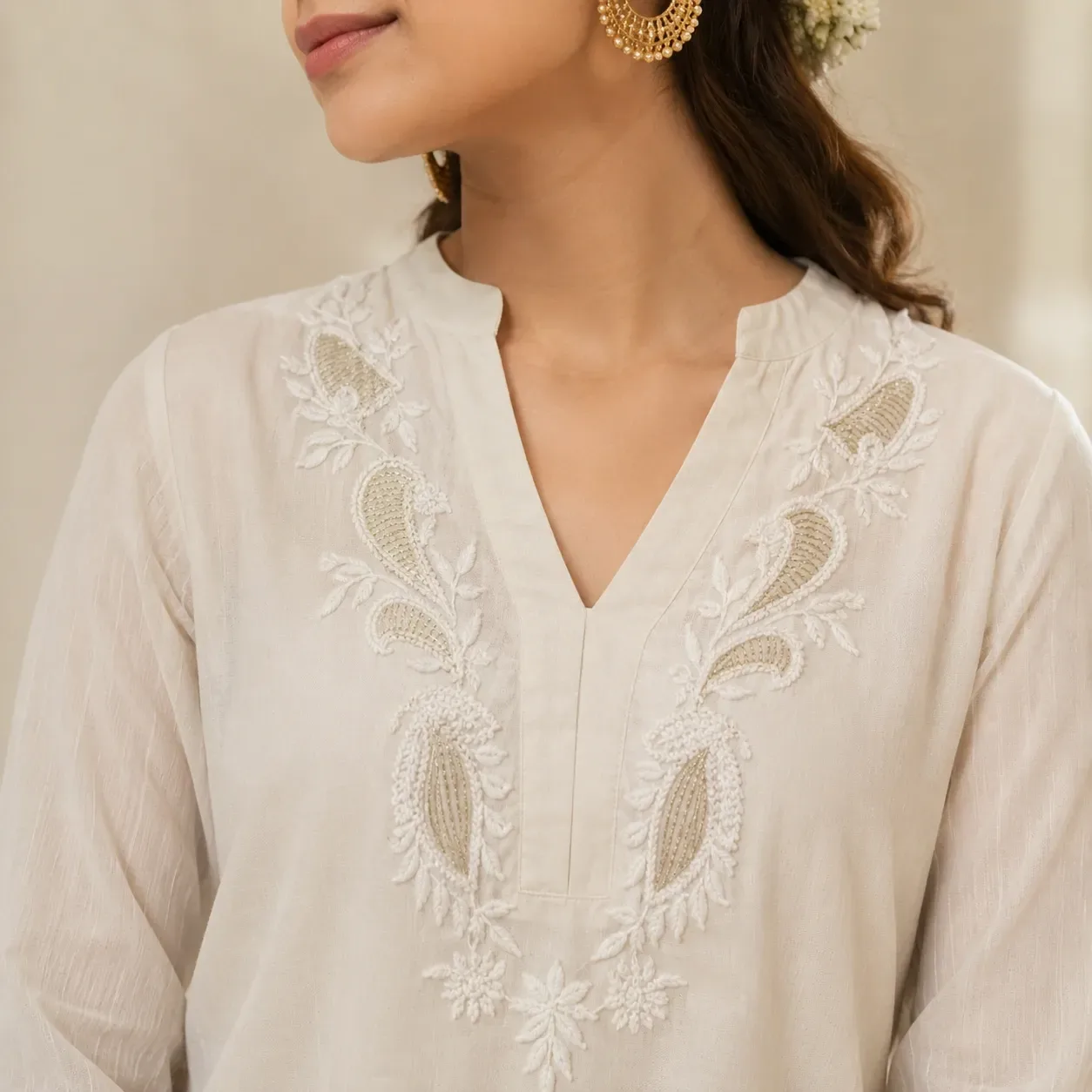Malmal Ivory Kasab Chikankari Top with Inner — view 4