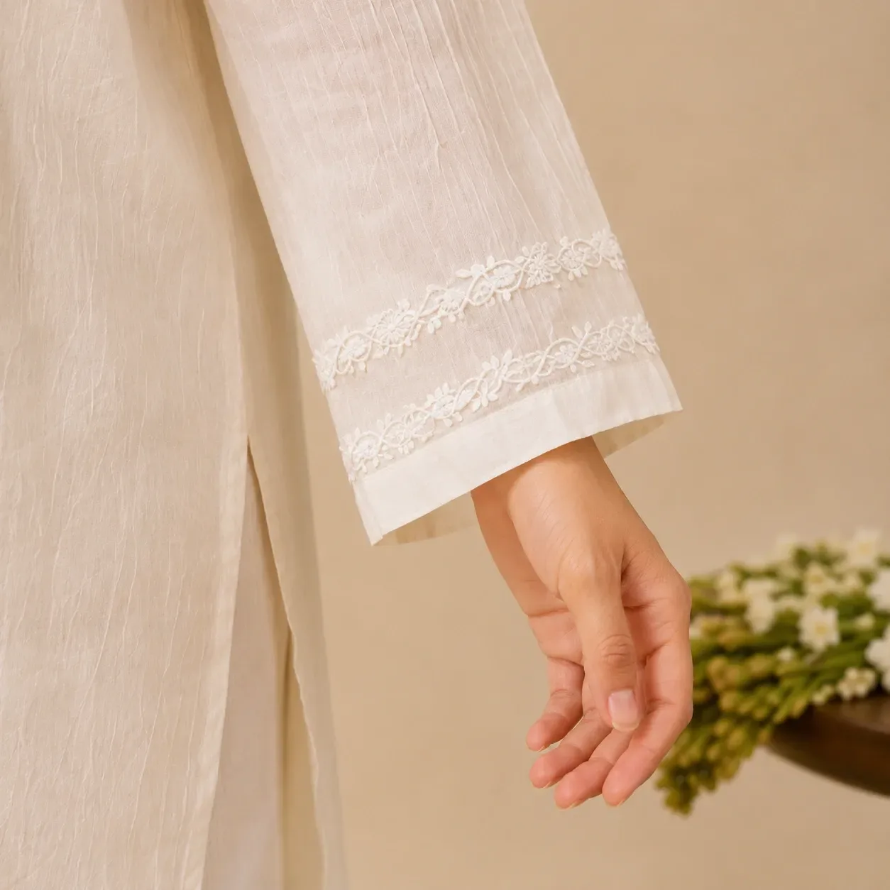 Malmal Ivory Kasab Chikankari Top with Inner — view 5
