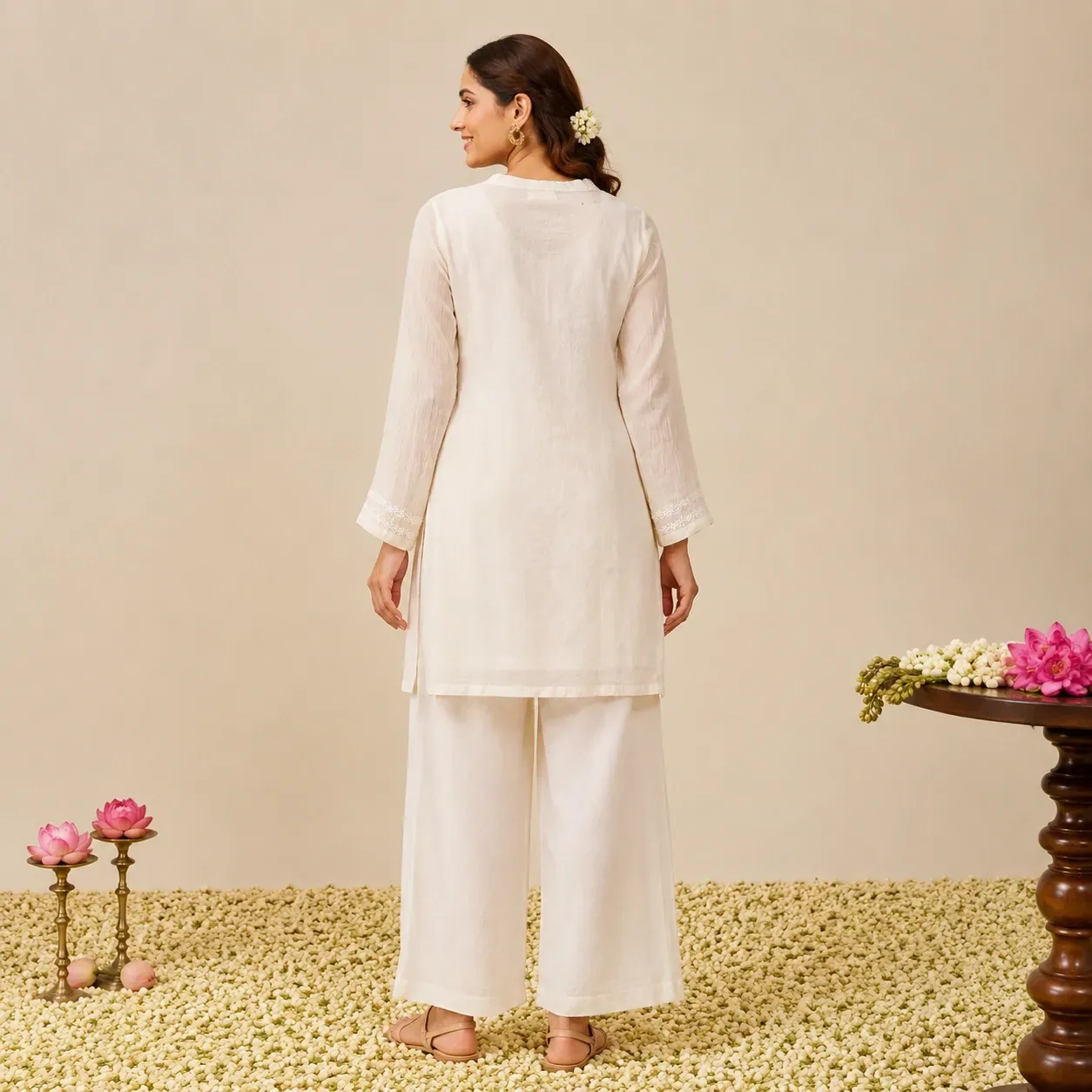 Malmal Ivory Kasab Chikankari Top with Inner — view 2