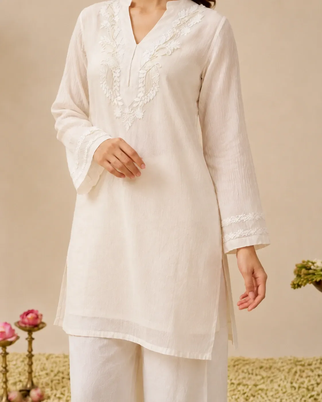 Malmal Ivory Kasab Chikankari Top with Inner — view 3