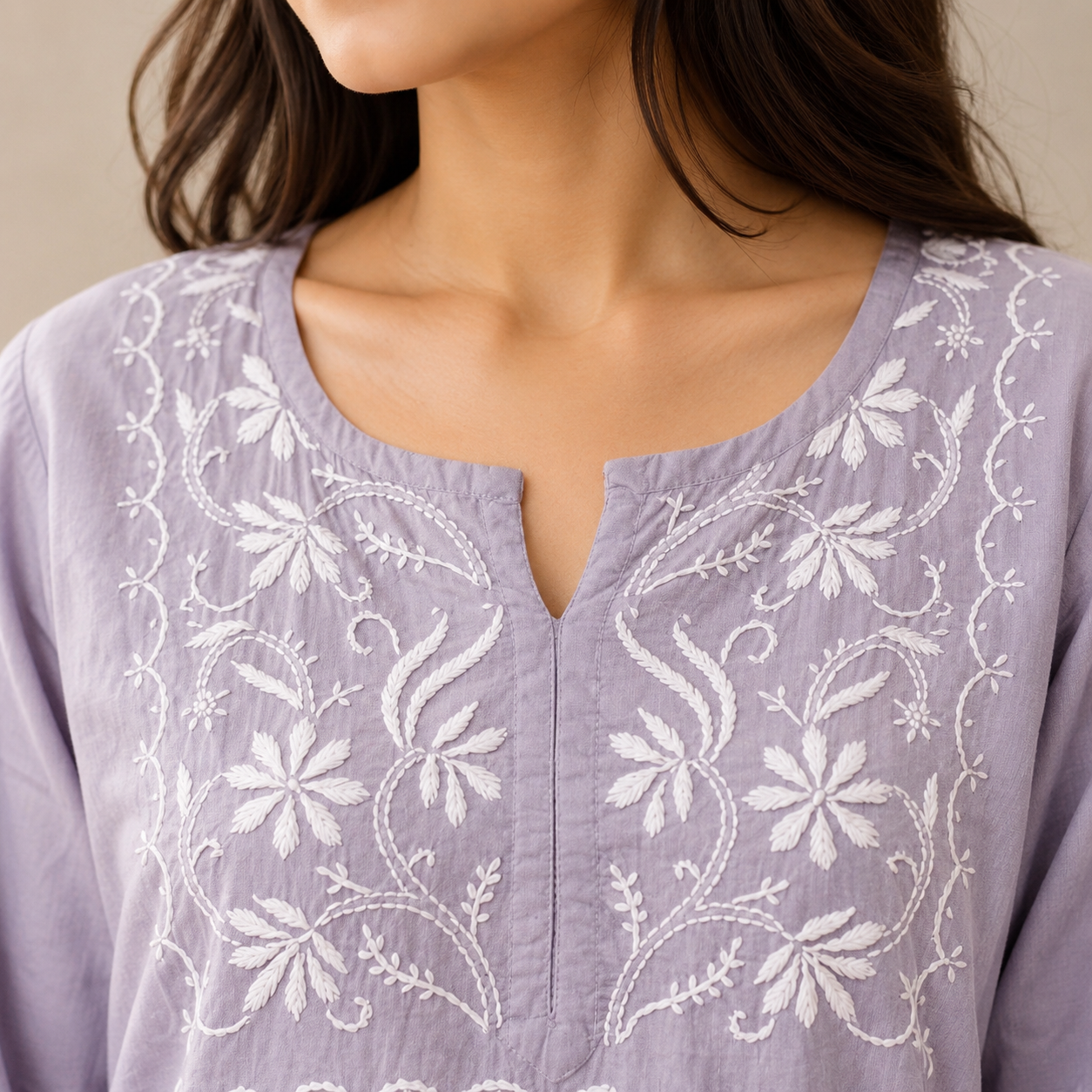 Lavender Embroidered Cotton Kurta — view 3