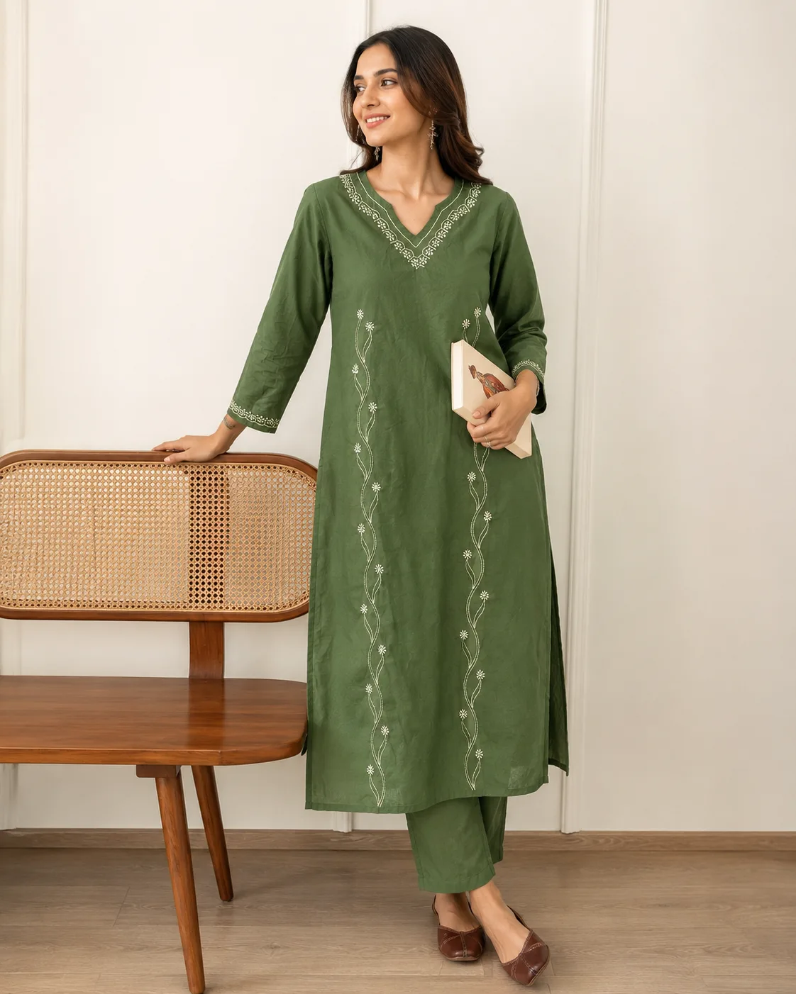 Olive Green Embroidered Kurta Pant Set — view 5