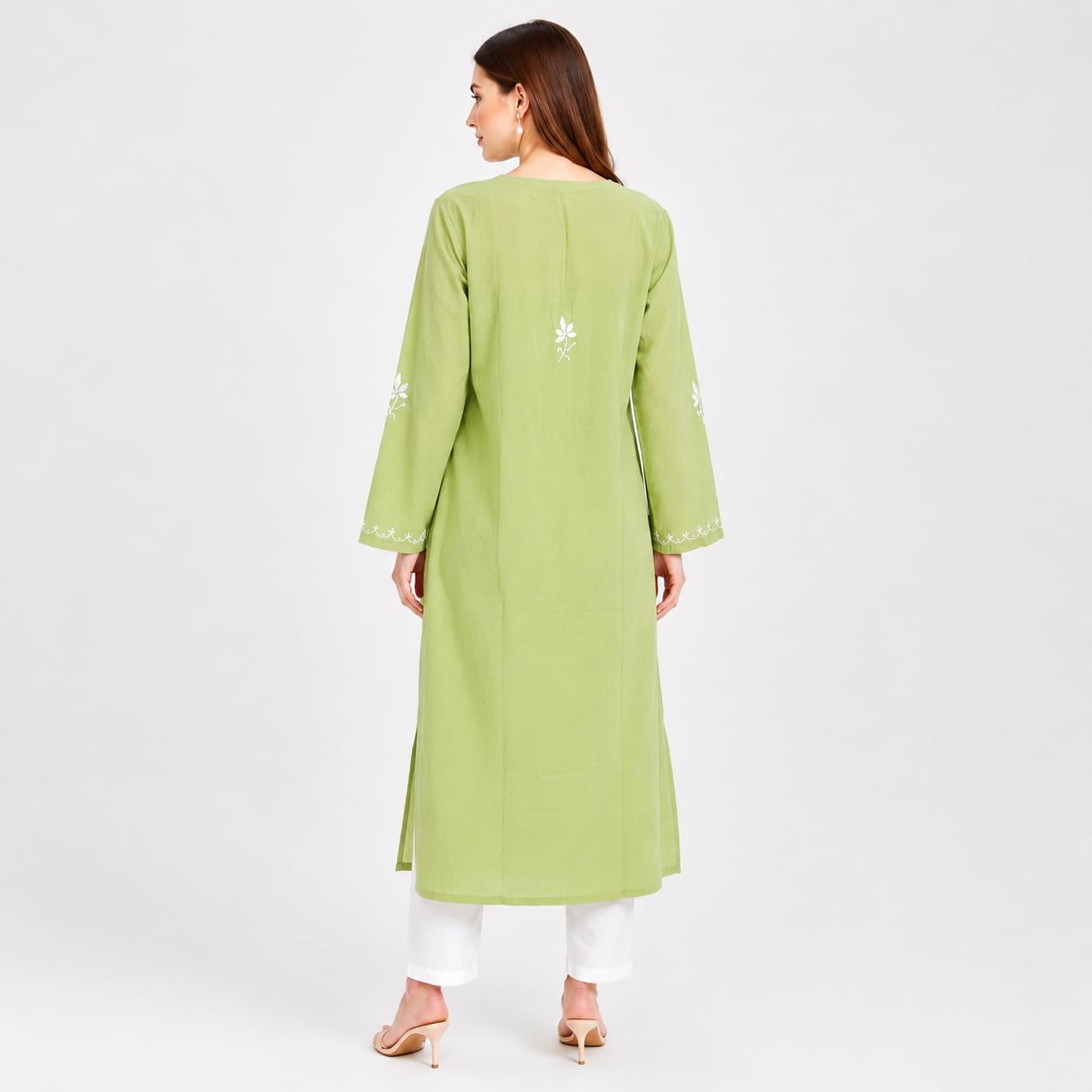 Pistachio Green Embroidered Cotton Kurta — view 3